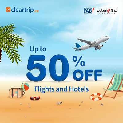 Flights and Hotels discount banner for Social Media beach discount beach travel vector beach vector branding discount travel flights and hotels graphic design illustration saquib sheikh social media travel design vector design