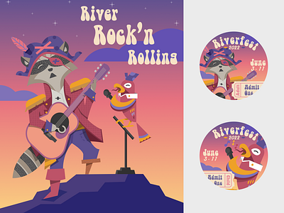 Riverfest 2022 Submission - River Rockn illustration parrot pirate poster raccoon riverfest