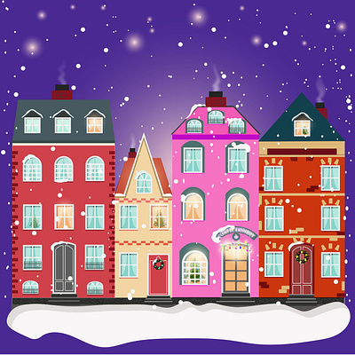 Cozy town street under fairy snowfall. Christmas background. old