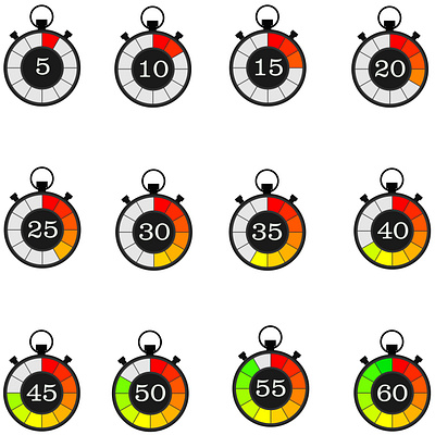 Set of stopwatches with different seconds on their displays stopwatch