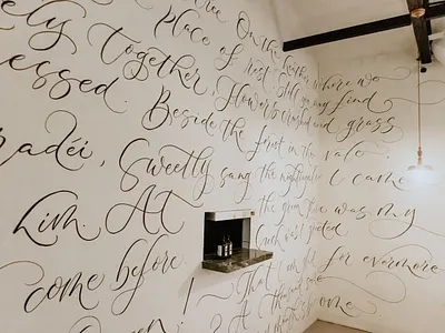 Calligraphy Wall Mural @ Under Der Linden Café, Singapore cafe mural calligrapher calligraphy calligraphy artist cursive design environmental design handlettering lettering modern calligraphy mural mural art muralist painting script lettering typography wall mural
