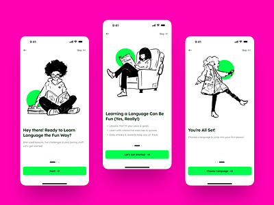 Onboarding Screens for SpeakEasy - A Language Learning App app application creative design designer easy figma flow green illustrations language learning mobile mobileapp onboarding screens speak ui ux