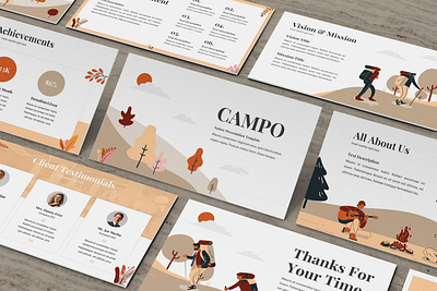 Campo – Adventure PresentationTemplate . abtract autumn bonfire brown business presentation campfire forest green journey mountain outdoor powerpoint template presentation simple summer tent tourism travel vacation