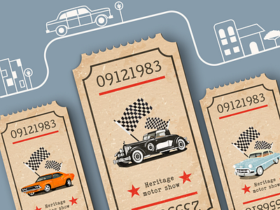 Motor show ticket UI animation app automobile bidding branding cars design icon illustration logo motor ticket ui ux vector vintage cars