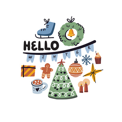 hello winter bell cacao candles christmas christmas tree cute gingerbread handdrawn hello hot chocolate illustration illustrator new year ski vector winter