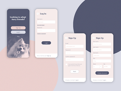 Pet Adoption App - Daily UI Challenge 001 (Sign Up) app design daily ui daily ui challenge dailyui log in page mobile design screen design sign in page sign up page ui ui design