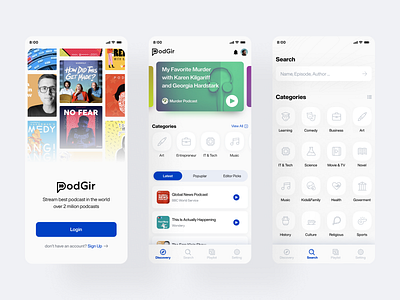 PodGir - Podcast Play and Enjoy android app application apps blue cast design design system illustration ios logo minimal player podcast podcast list podcast service ui design ui kit ux design