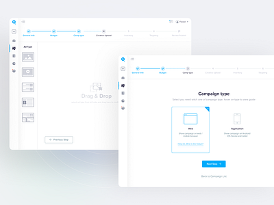 ClickYab Create Campaign Wizard ad ads advertisment blue breadcrumbs campaign campaign wizard dashboard design system dsp panel launch launch ad panel step stepper ui ui design ui kit ux design wizard
