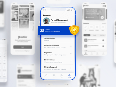PodGir - Profile Setting app application apps avatar blue design minimal podcast profile profile setting setting setup subscription ui ui design ui kit ux ux design