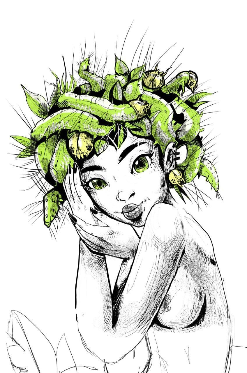 Caterpillar Hairstyle 2d artwork characterdesign digital art ecology greentheme hairstyle illustration insect