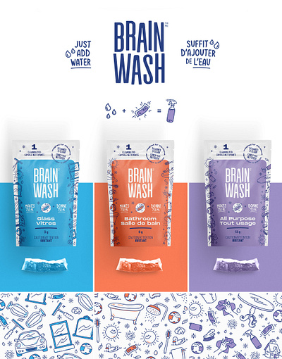 New responsible cleaners - Brain Wash capsule cleaning ecofriendly logo packaging planet playful washing