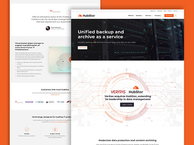 Hubstor Homepage data graphics layout line art logos modular orange tech technology web design