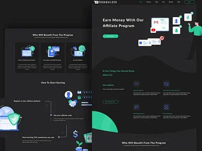 Tronbuilder Affiliate - Page affiliate black theme cards curves dark designspace features header how it works illustration smooth start earning steps ui web