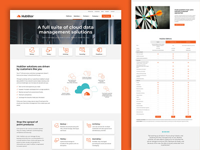 Hubstor Solutions landing page cloud comparison table data line art orange services solutions tech technology