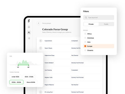 Filters filters filters age audience chart checkbox clean filters focus group income people search segment seo slider table tablet target ui