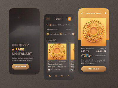 ENFETI - Mobile Apps UI Design apps clean clean ui crypto dark design dogecoin etherum interface marketplace minimalism mobile nft nftmarket rareitem token uidesign uiux ux uxdesign