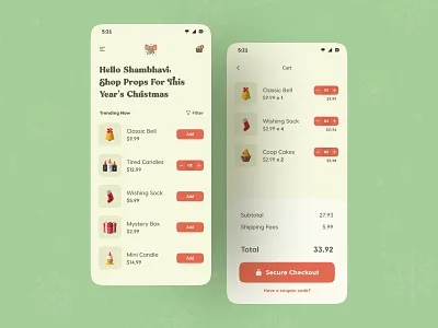 Christmas Props Shopping App checkout christmas cute ecommerce festival kawaii minimal pricing products salmanwap santa claus shopping ui design xmas