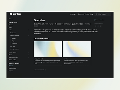 SmartBook - Learning Resources Website blocks content content search dark theme documentation e books editing information insights knowledge knowledge base landing page learning tools productivity snippets software user interface ux uxui webdesign