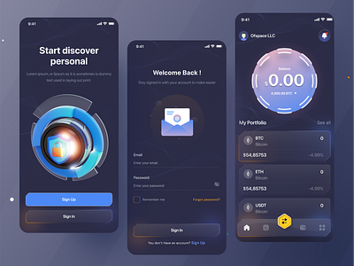 Crypto Wallet App I Ofspace app bitcoin btc crypto crypto app crypto wallet cryptocurrency financial app fintech futuristic app futuristic design ios app mobile mobile app money user experience uxui wallet wallet app