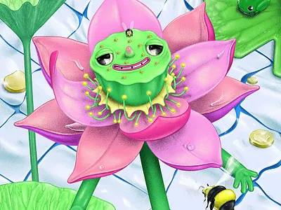The invitation bees bumblebee characterdesign conceptual conceptualillustration coverart coverillustration digitalillustration flowers fountain illustration insects lotus plants pollen pollination popart popsurrealism surrealism water