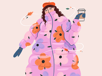 Bundled beret coat coffee design fashion floral hair hand drawn illustration illustrator pattern people procreate winter woman