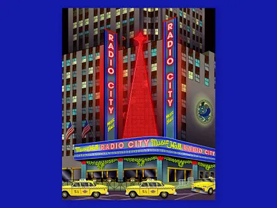 Radio City Music Hall architecture art building christmas christmas spectacular christmas tree digital art drawing fan art illustration merry christmas new york new york city nyc radio city radio city music hall rockettes taxi cab the rockettes vector