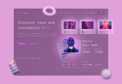 Neftees - NFT Marketplace Landing page 3d art auction create creatives digital art ethereum glass glassmorphism landing page mint nft marketplace nfts purple responsive design tokens ui ux wallet web design