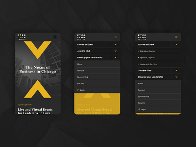 Executives Club of Chicago - Mobile Menu accordion black chevron clean dark gold menu mobile menu navigation simple sophisticated ui ux yellow