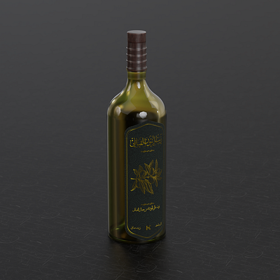 A 3d render of olive oil bottle with arabic calligraphy 3d arabic blender branding cycles design graphic design illustration label mockup model render