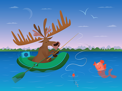 A deer sailing a boat and fishing 2d adobe illustrator boat caricature cartoon character comic fishing hobby illustration lake moose paddle pond river rod sail summertime vector weekend