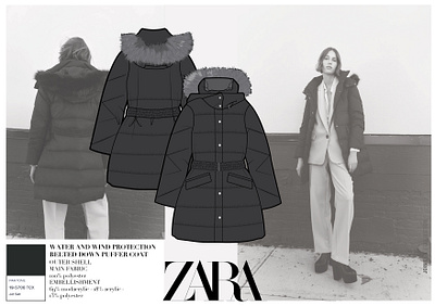 ZARA Water and Wind protection belted down puffer coat fashionflats illustration