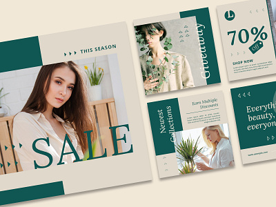 Fashion Sale Social Media Post Template aesthetic fashion green instagram media minimalist model photoshop promotion sale social template ui ux