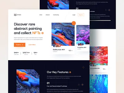 Artato – Landing NFT 🚀 abstract art auction app bitcoin blockchain colorful creative crypto gradient hero landing landing nft nft nft app nft design nft landing trend ui