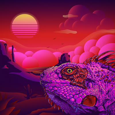 Saguaro Summer Scales 80s arizona desertr iguana illustration illustrator reptile retro sunset synthwave
