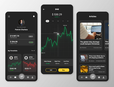 Trading Cryptocurrency App 3d app branding crypto cryptocurrency dark darkmode design illustration investasi logo market mobile stock market trading tradingapp ui vector