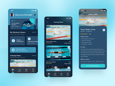 Swimming mobile app app branding clean dark theme design exercises graphic design health health app mobile app swimming swimming app training plan ui web website workout