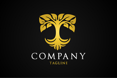 Golden T Tree Logo alphabet branding design exclusive gold heraldry illustration inital leaf letter logo luxury nature ornament plant shield t tree typography vector