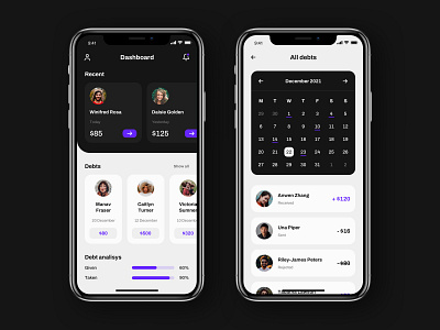 Debt iOS app calendar dark dashboard debts design interaction interface ios light mobile money ui ux
