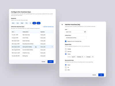 Calendar Configuration app screen design billing builder business days calendar configuration date design enterprise app financing holiday management non business days settings ui web application weekend