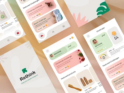 "RETHINK" - Mobile Application UI app blue branding creative design gamification graphic design illustration logo plastic plastic free pmi sustainable ui vector website wooden products