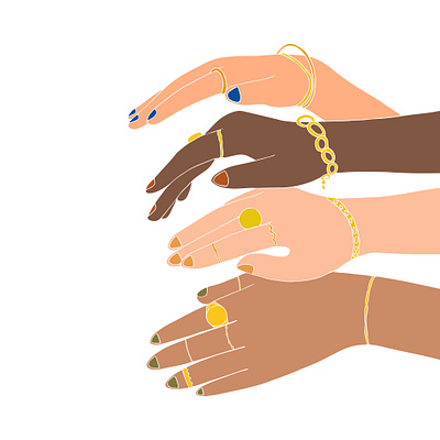 Multiracial women hands with gold jewelry branding card design flat girl gold graphic design ill illustration jewerly ring typography vector women