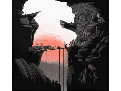 The Bridge bridge cross fantasy gray moebius moon mountain people planet rock sci fi sculpture stone