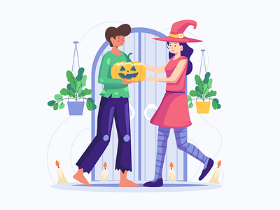 Men Giving Pumpkin Gifts to Women on Halloween Flat Illustration branding costume couple design fantasy female festival flat graphic halloween handsome header illustration horror illustration pumpkin ui ui design vector web woman