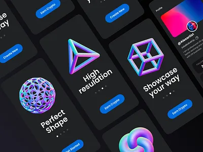 NFT Marketplace - ios App 3d 3d shape application crypto dark ethereum gradeint madhu mia nft nft app nft art nft website nfts onboarding token ui ux web