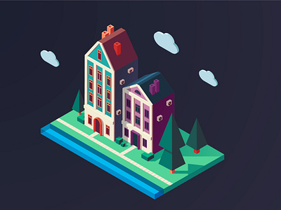 Cute european houses axonmetry building house illustration vector