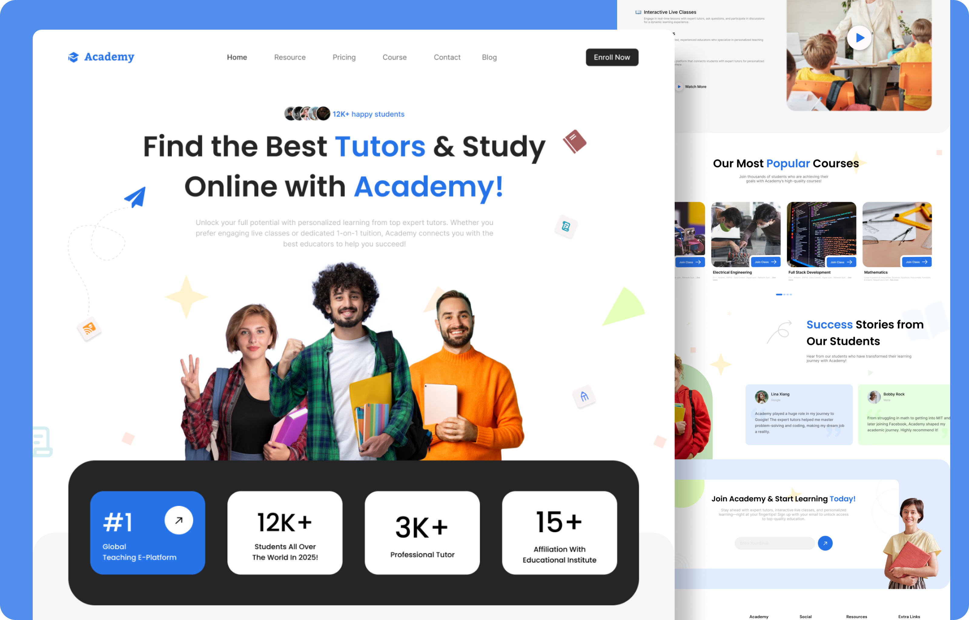 Academy – Online Tutor & Study Platform Landing Page UI Design academy app design branding children design education figma figma design hire illustration kid landing page learning teacher tuition tutor ui uiux website website design