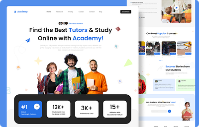 Academy – Online Tutor & Study Platform Landing Page UI Design academy app design branding children design education figma figma design hire illustration kid landing page learning teacher tuition tutor ui uiux website website design