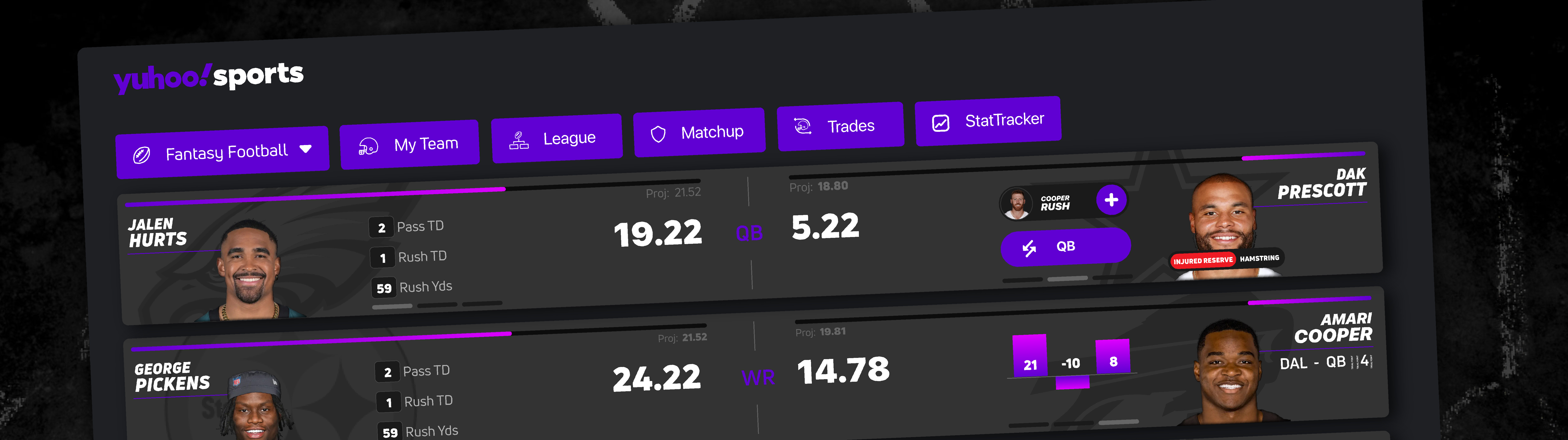 Yuhoo Fantasy Football Preview app application branding concept dark design fantasy fantasy football football graphic design hcd illustration mobile multiview sports ui ux vector