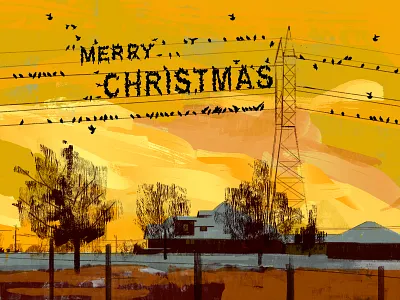 Merry Christmas card childrenbook cover illustration landscape lights