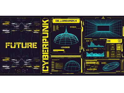 Cyberpunk retro futuristic poster set abstract cosmic shapes.FUI analysis bar cyber dashboard digital hud illustration interface